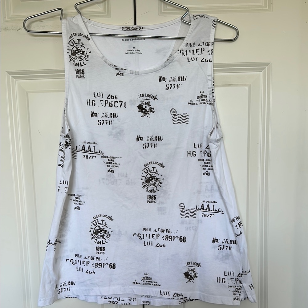 Anthropologie White Black Print Postal Graphic Tank Top size medium